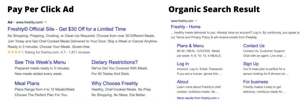 Example of Pay Per Click Ad versus an organic search result
