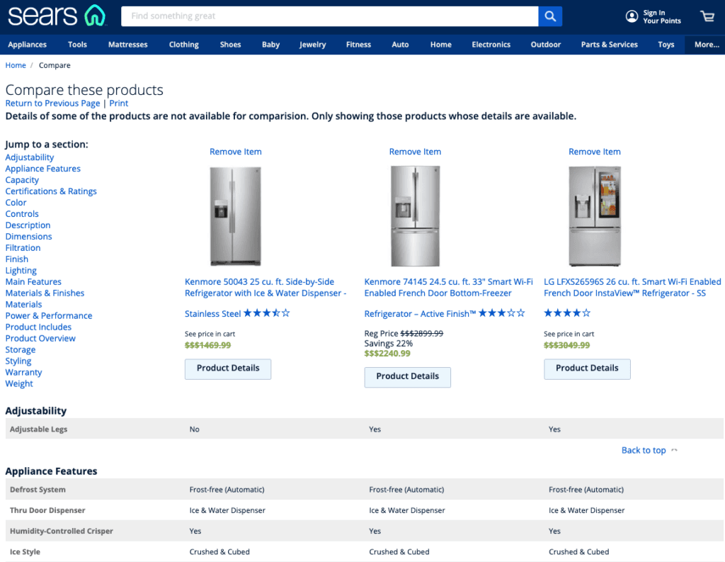 Sears.com Comparison Tool Showing 3 Refrigerators