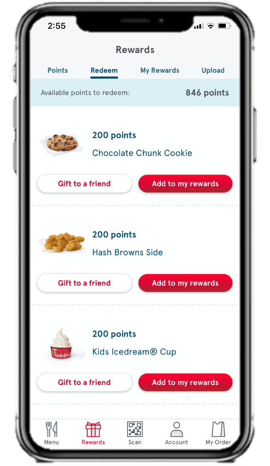 Chick-fil-A app loyalty page showing available rewards as an example of a Mobile-first customer experience loyalty design trend