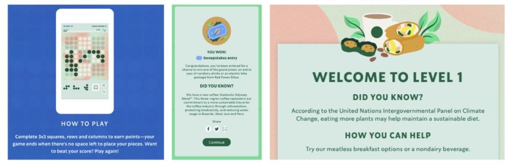 Starbucks Earth Month tile game, sweepstakes entry and level one welcome messaging
