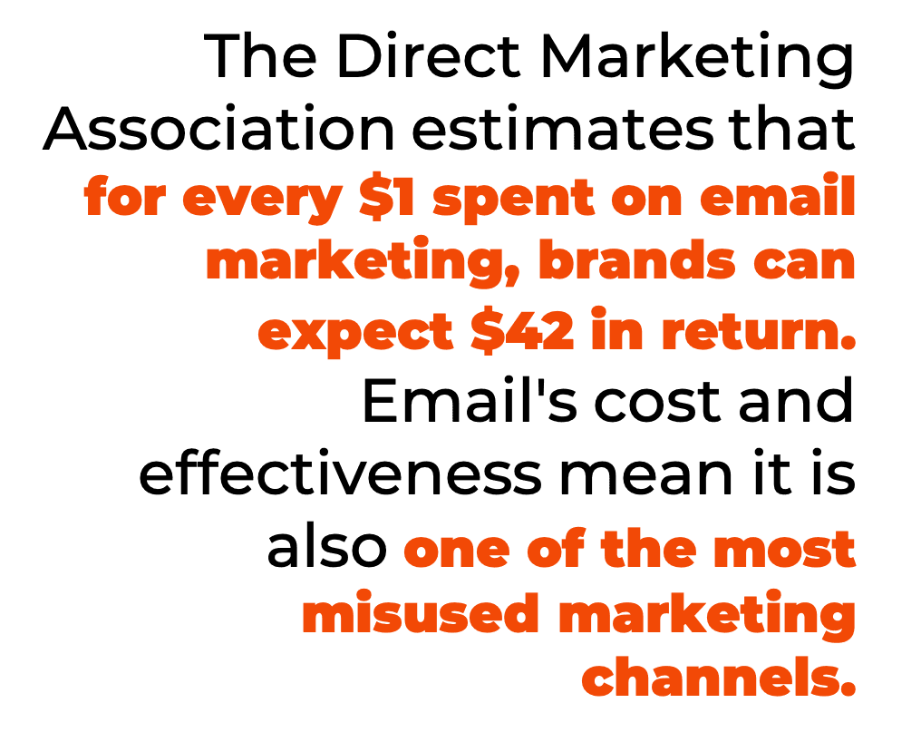 The Direct Marketing Association estimates that for every $1 spent on email marketing, brands can expect $42 in return. Email's cost and effectiveness mean it is also one of the most misused marketing channels.