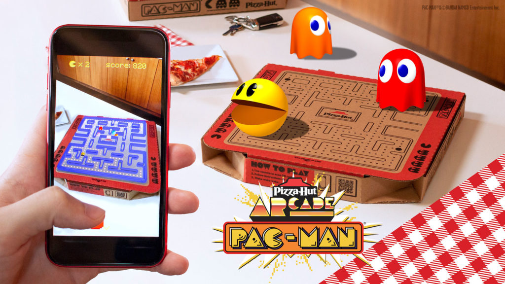 Pizza Hut Pac-Man AR Game played by scanning Pac-Man game board QR code on pizza box